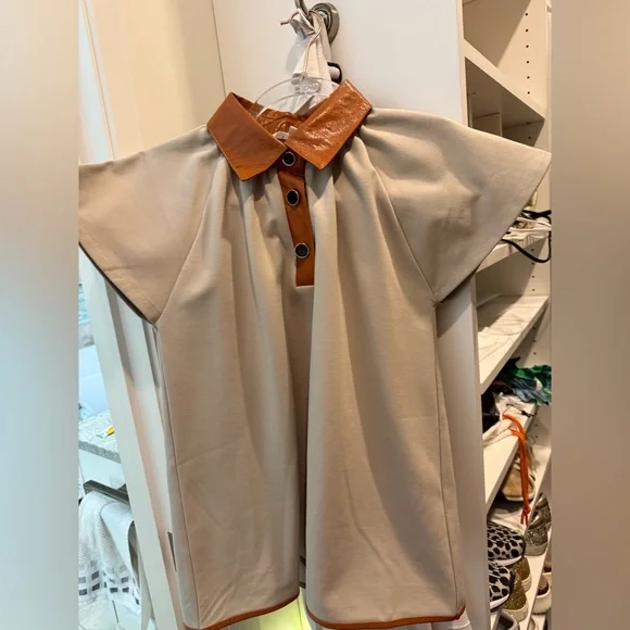 THML Womens Tan Button Down Shirt with Brown Faux Leather Collar - Picture 1 of 5